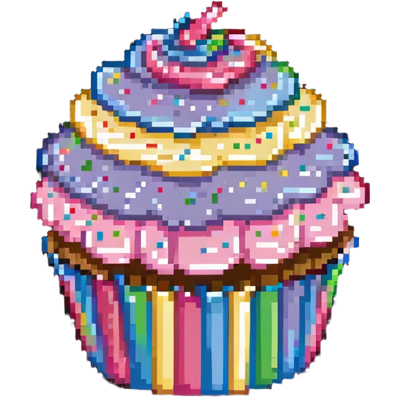large cupcake with pink frosting and rainbow sprinkles in pixel art style emoji