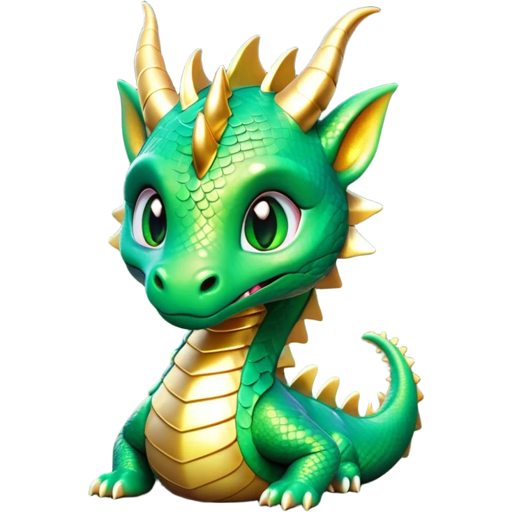 Cinematic Cute Dragon Portrait Emoji, Head tilted playfully and inquisitively, featuring a sleek, serpentine form adorned with iridescent scales that shift between emerald and gold, a delicate set of subtle horns, and round, sparkling eyes full of curious magic; rendered with realistic detail and warm natural light, high shine, affectionate and enchanting, styled with a touch of whimsical fantasy, soft glowing outline, capturing the essence of a mischievous yet lovable dragon that seems poised to slither playfully into your arms! emoji