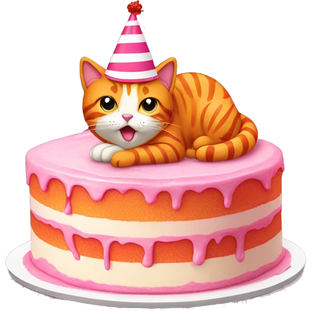 Orange cat with stripes wearing a red party hat eating a piece of pink cake emoji