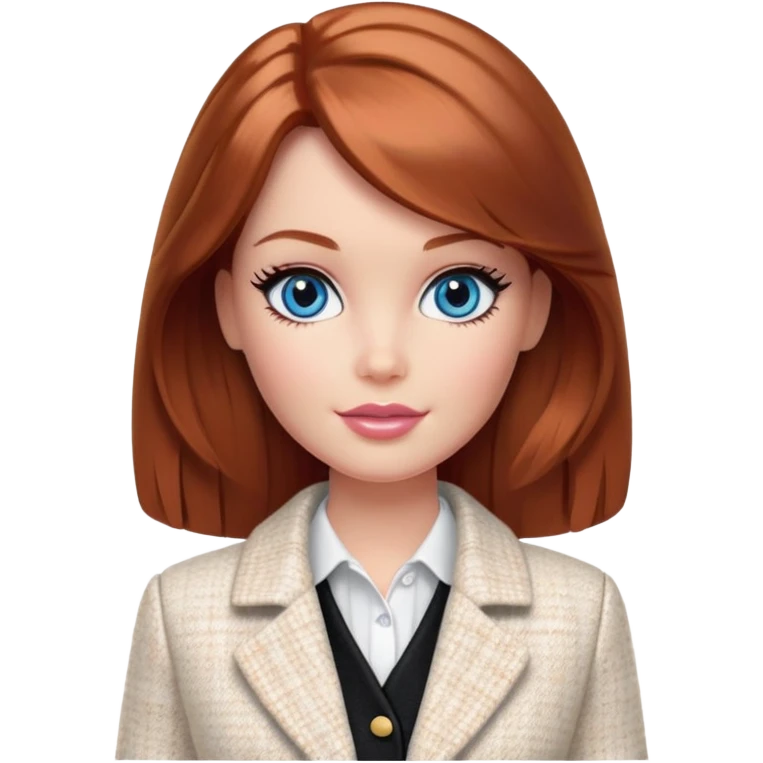 A Barbie girl with blue eyes, shoulder-length reddish-brown hair with makeup, wearing a white tweed jacket and a black skirt stands with cream emoji