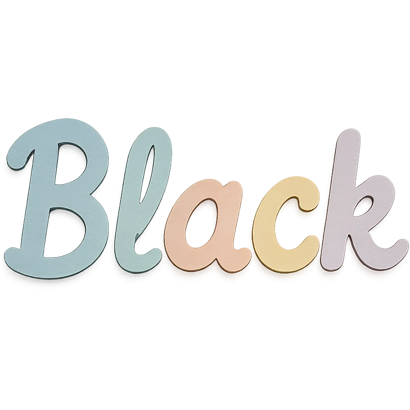 the word 'Black' in soft pastel rainbow playful script font, kawaii style, no outline, 3D paper-craft effect emoji