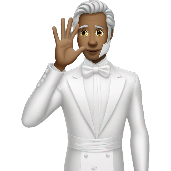 kind baldwin with a silver mask putting his hand up and his face down, earing white gown emoji
