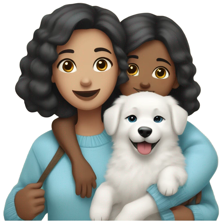 A girl with black Medium bob hair in a sky blue sweater holds a Samoyed puppy in her arms emoji