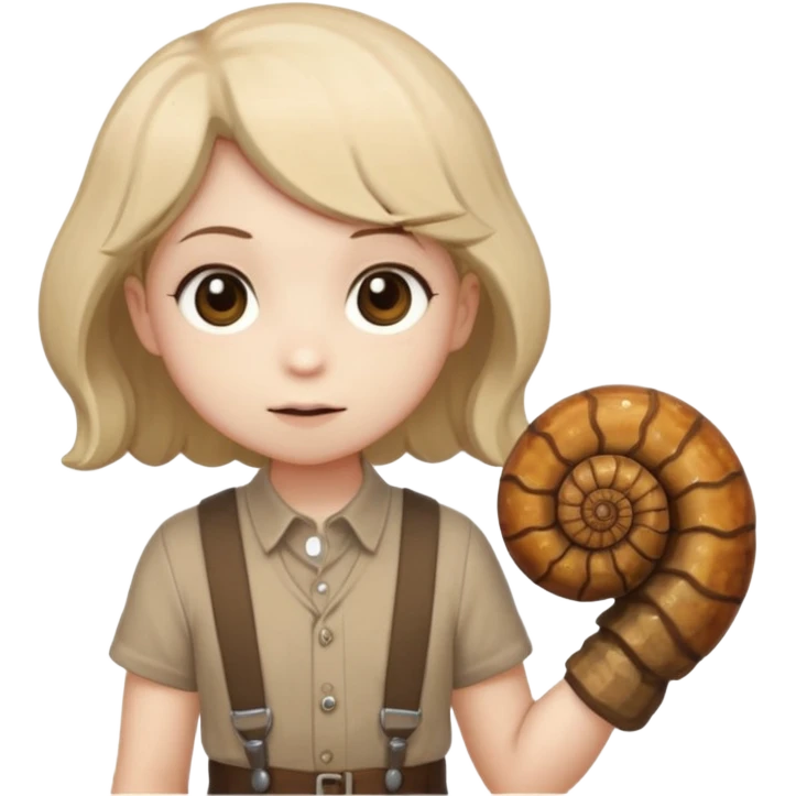 Shelly has a small, chibi-style body with a large ammonite-shaped head that looks like a beige fossil shell. One side of her head has a dark opening, making it clear she isn’t human. Her face is simple and soft, with big round eyes. She wears a brown suspender outfit over a lighter shirt emoji