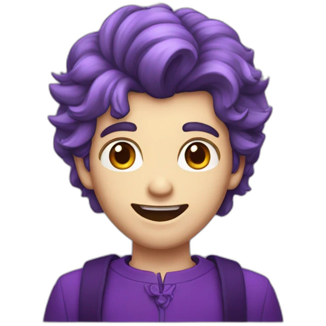 Un garçon qui sourit avec des dent de vampire les cheveux degradé violets emoji