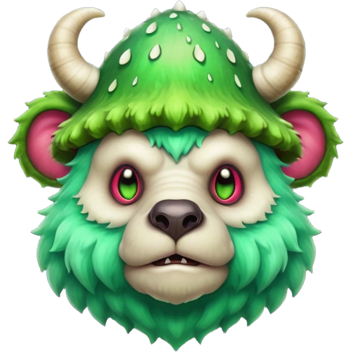 poisonous mushroom bear monster portrait, head and shoulders only, bear-like face, mushroom cap horns, toxic green aura, fluffy neck fur, fantasy beast style, 3D cartoon, mobile game icon style, clean background, no text, no watermark

 emoji