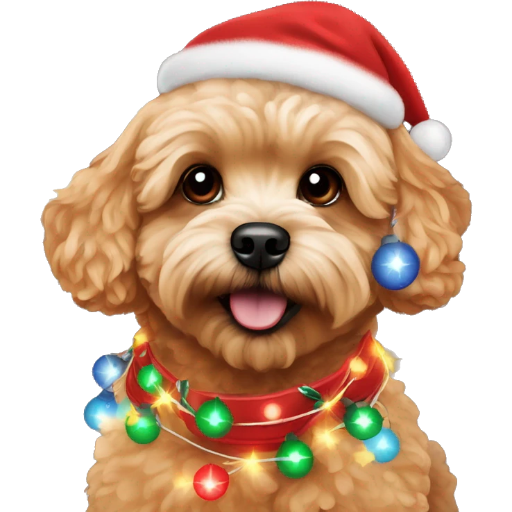 Red maltipoo with Christmas lights decorated around its neck emoji