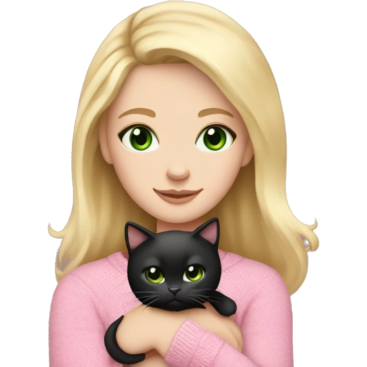 Pretty green eyed white girl with blonde hair in a pink sweater holding a black cat emoji