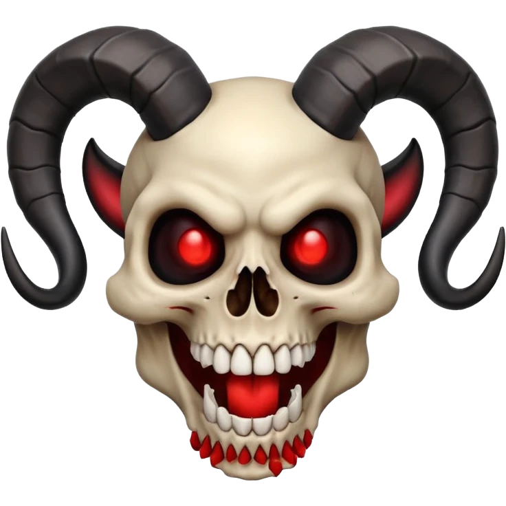 grinning skull with large black ram horns, glowing red eyes, wide toothy smile, bold, iconic, expressive emoji