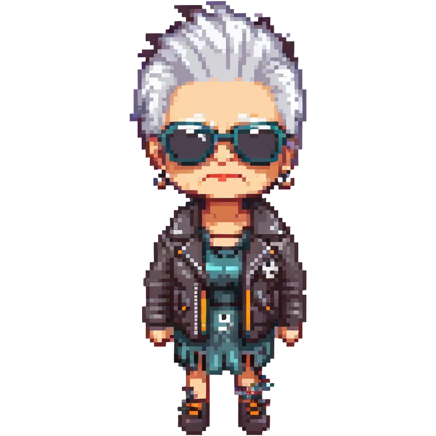 A punk grandma with a leather jacket, spiked hair, and sunglasses emoji