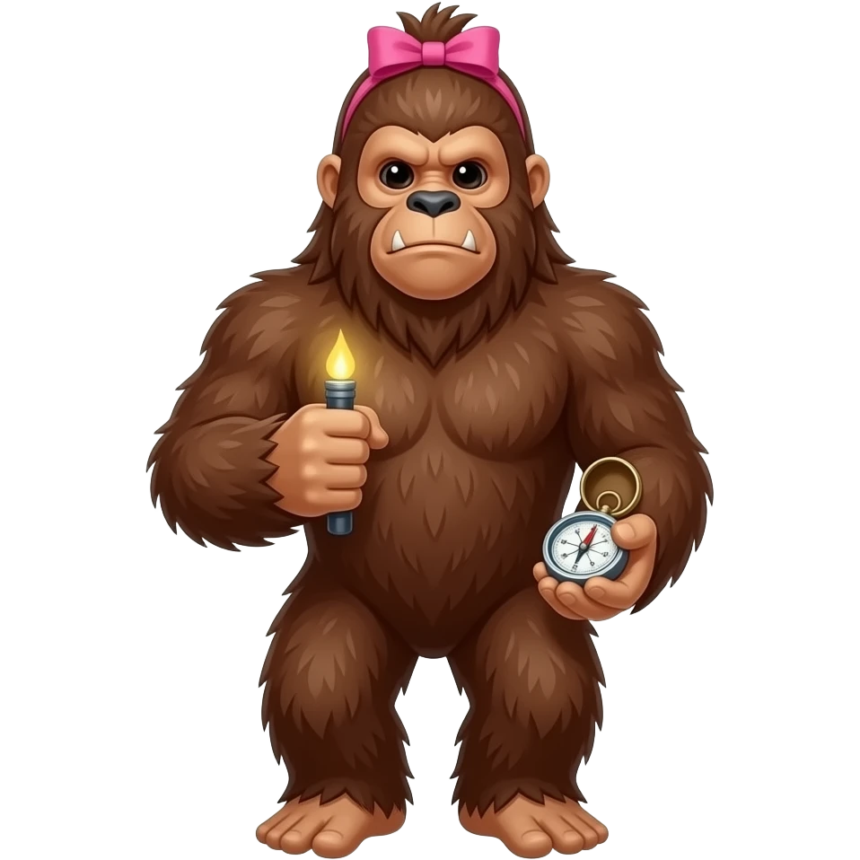 Full body walking sasquatch with pink bow in hair h p lding a compass emoji