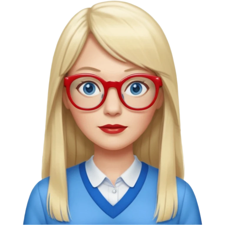 45 yr old white woman, pale skin, long straight blond hair parted in center, blue eyes, bangs, clothes for school, big red glasses emoji