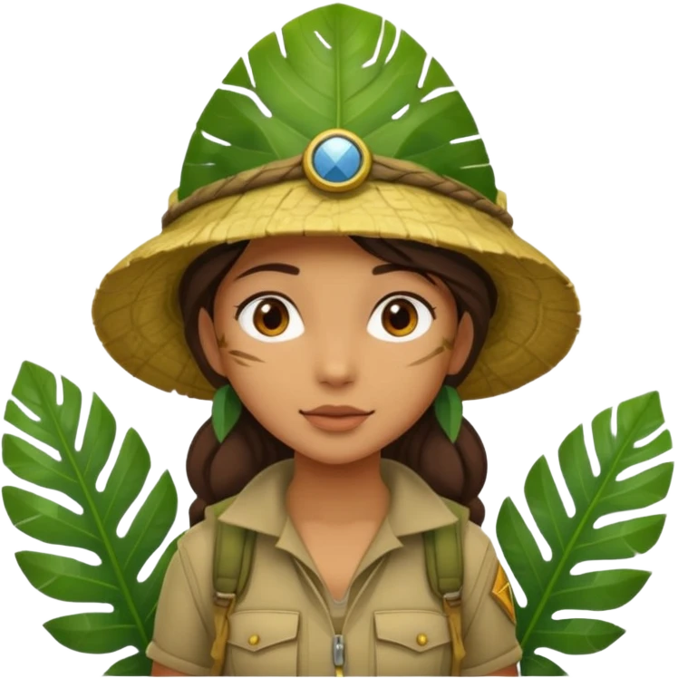 a young female explorer with jungle wearing a large leaf headgear bye and magnificer  emoji