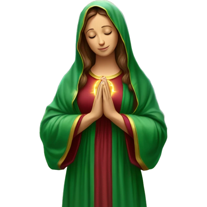 Virgin Mary: kind face looking down at the left, long brown hair, Wearing an emerald green  robe with gold stars and a burgundy red dress,  Hands in prayer or blessing. Halo around her head. standing in front of a big sun. colorful roses on the sides  emoji