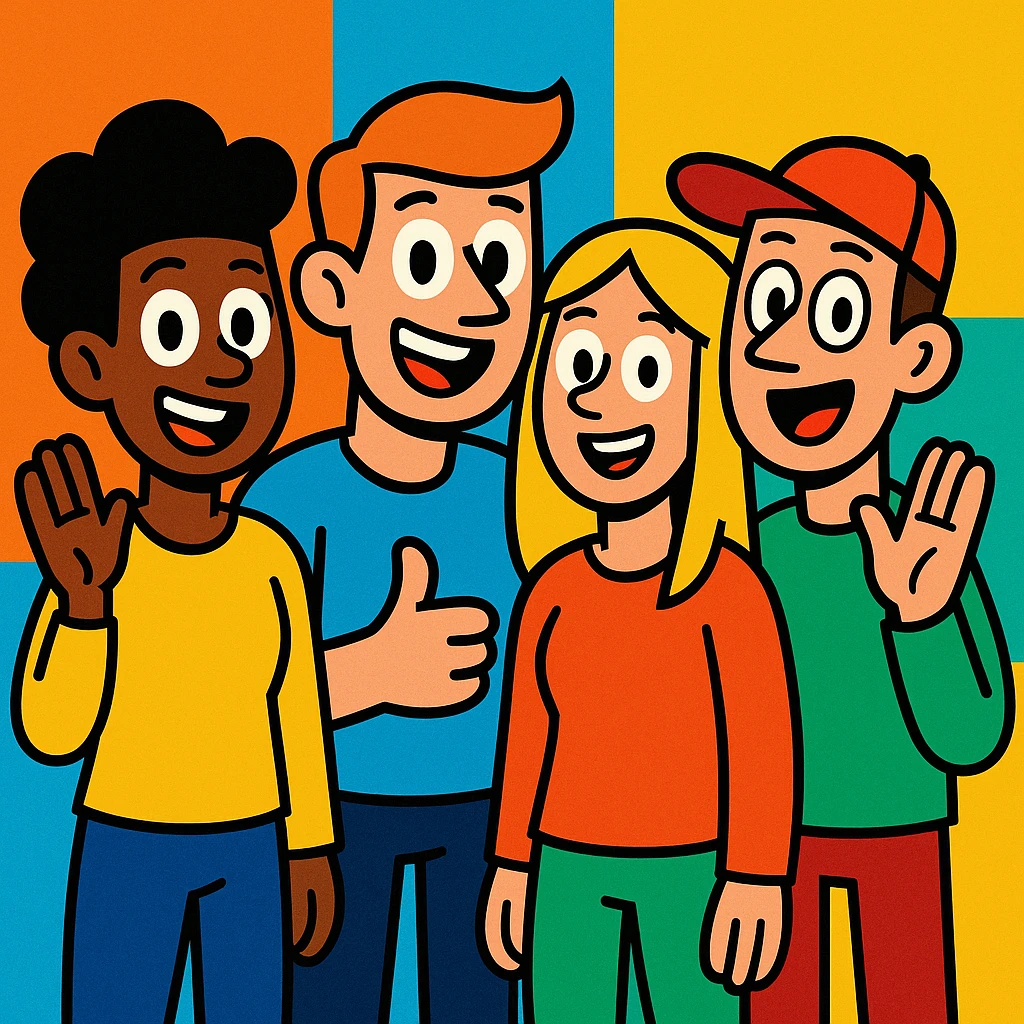 team, group of people, playful cartoon style emoji