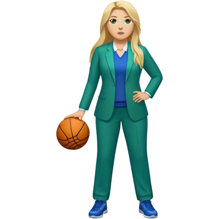 Full Body white plus size female basketball head coach with long blonde hair in a blue and green suit emoji