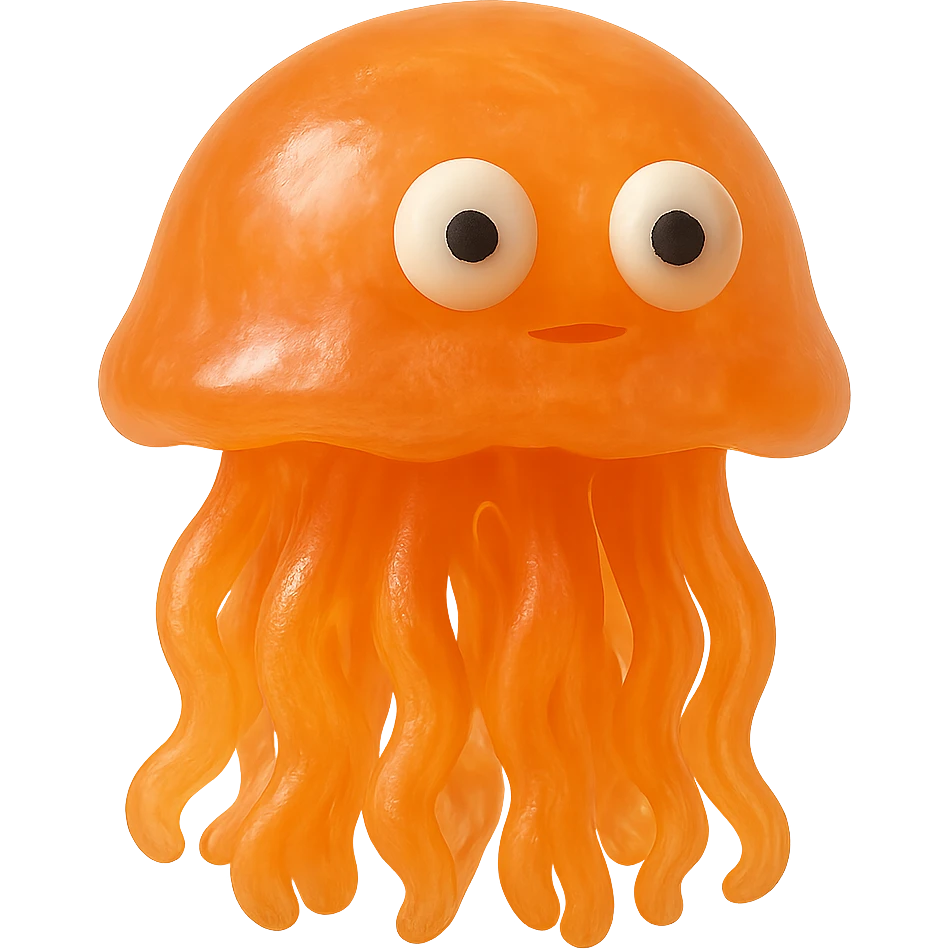 hyper-detailed retro 90's toy style bright orange semi-transparent soft plastic jellyfish with derpy eyes soft reflections soft and squishy some cloudiness not shiny highly detailed appealing no tag no background emoji
