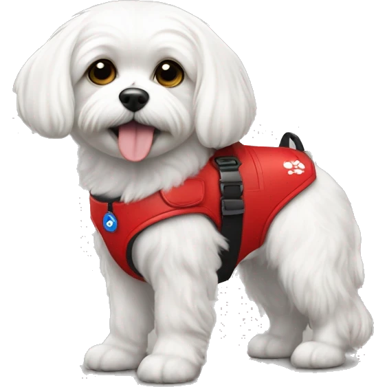 Maltese wearing a red service dog gear with to bleck straps one in the front one around the belly  emoji