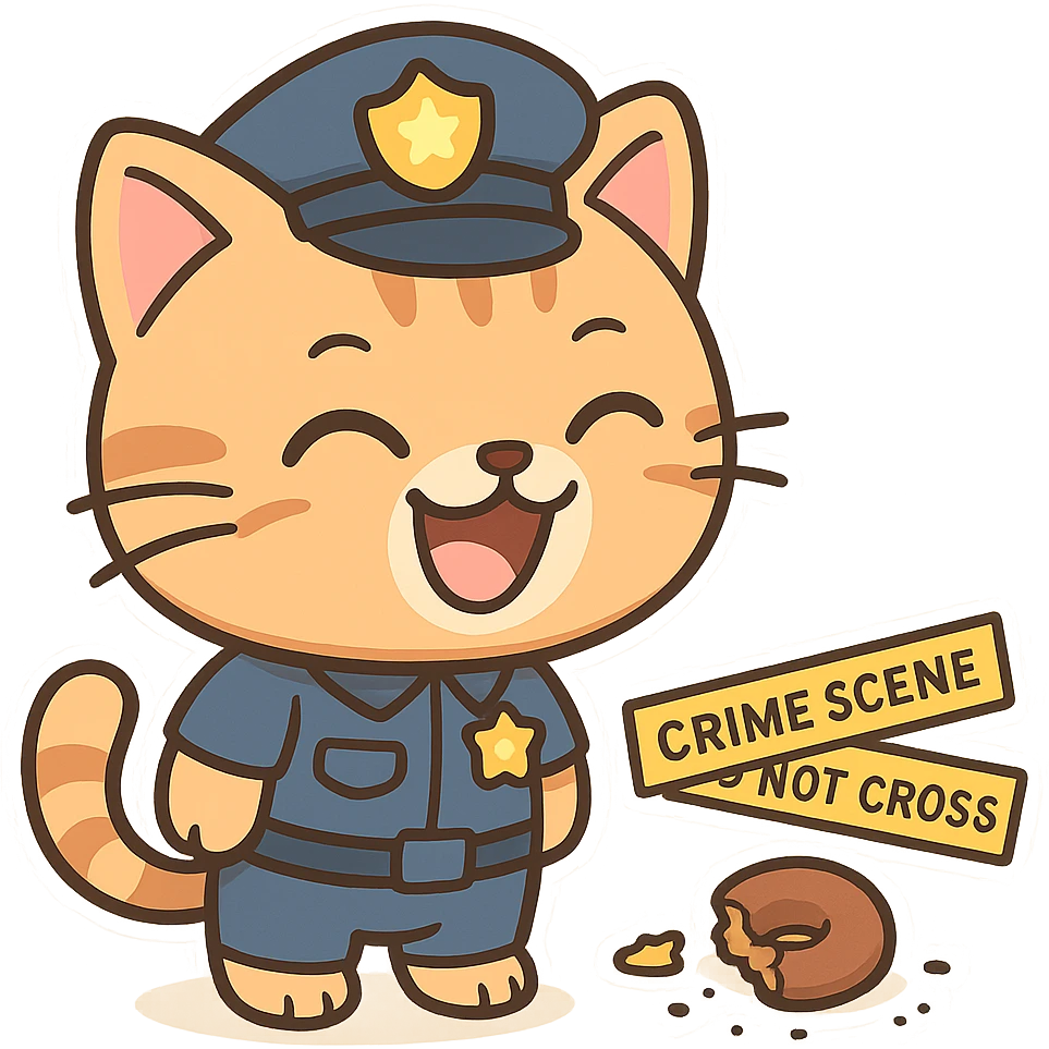 cartoon cat dressed as a police officer, laughing while observing a small harmless crime scene, blue police hat and badge, playful expression emoji