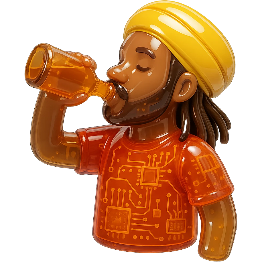 Brownskin man with long brown dreadlocks 
red t-shirt 
yellow turban 
expression is drinking alcohol emoji