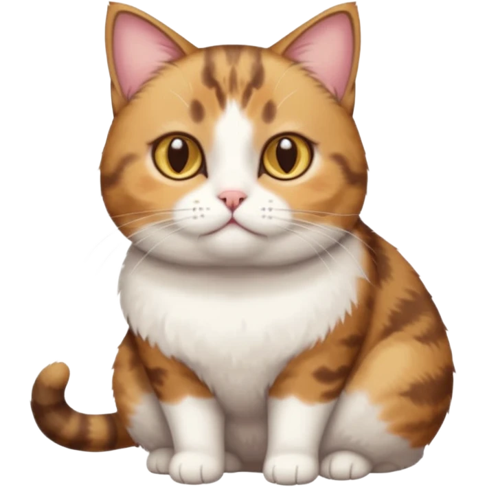 full body torbie and white cat with small head, hazel eyes, and short but chubby body emoji