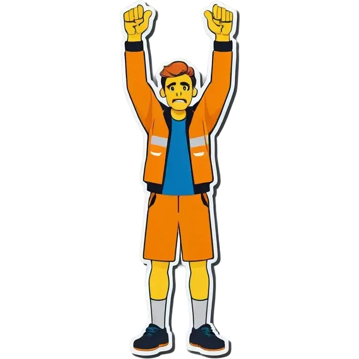 Man holding both arms in the air and holding an electrical cable der Man looks sad emoji