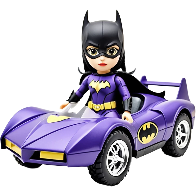 I:10 scale racing sexy fitted Batgirl’s buxom heroically armored midnight-colored tight outfit 1970’s tv style dark knight stealthy accurate sporty safe plush deluxe off-road pursuit drifting F1 town car (black hair, shoulders back against seat) rally vehicle  emoji
