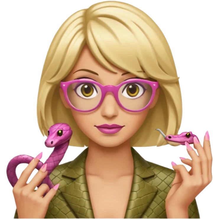 a snake with a bitchy face, a dirty blonde wig, pink pointy nails and square frame golden glasses emoji