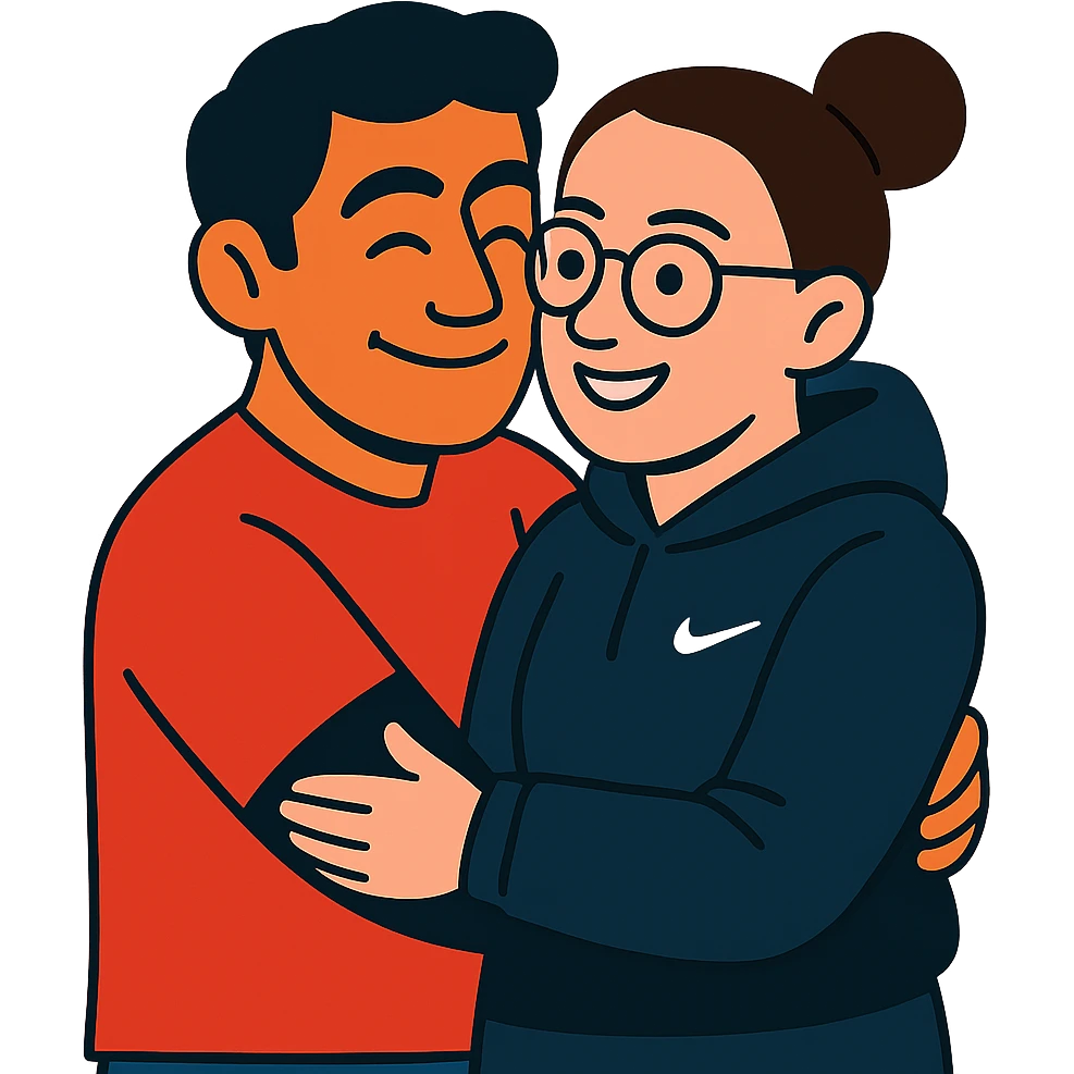 hispanic man with black hair hugging a light-skinned woman in a black Nike hoodie, woman has one bun in the back and thin black glasses emoji