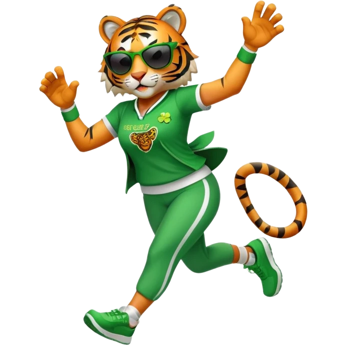 female energetic anthropomorphised tiger in full body, wearing St. Patrick's Day themed sportswear and dark sunglasses, dynamic pose emoji
