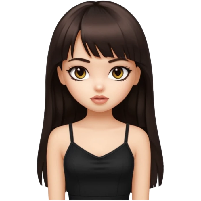 generate a pretty bratz girl in black cami top, dark brown straight long hair with bangs, eyeliner on, emoji