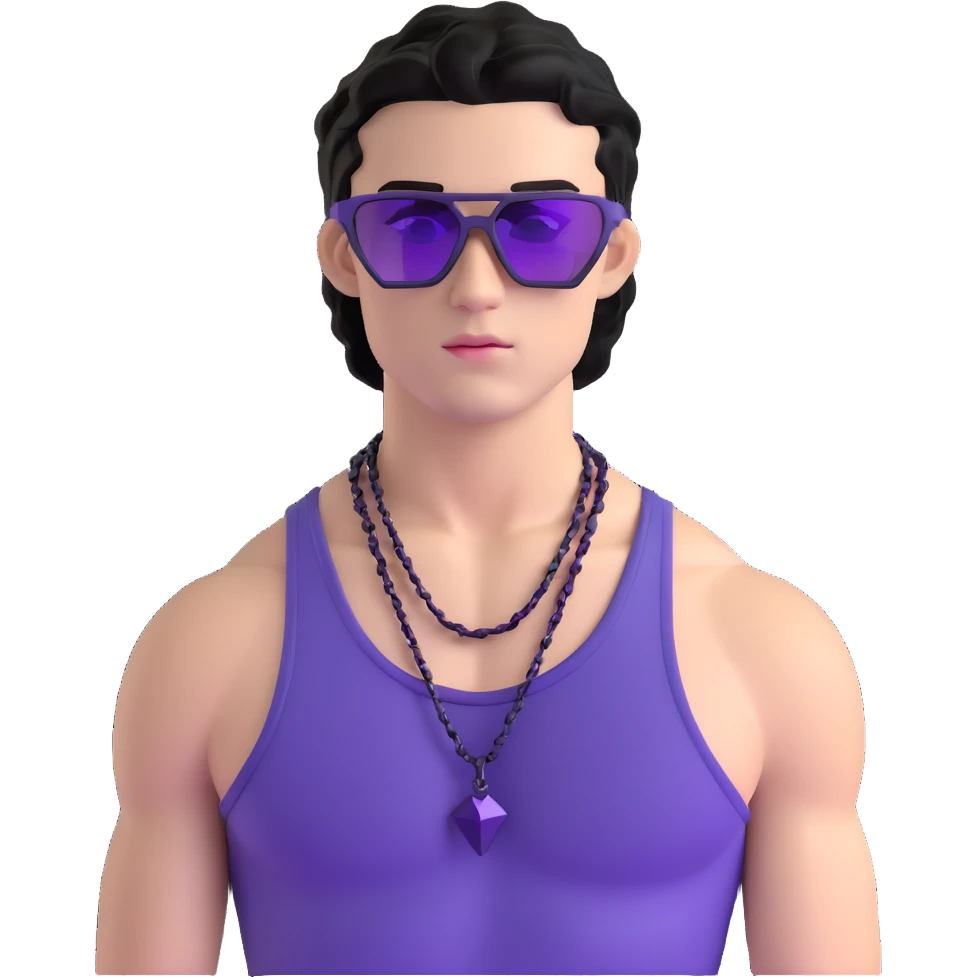 shirtless male athlete with white skin and moderately curly black hair on top with shaved sides, wearing sharp angular geometric purple sunglasses with very dark heavily tinted black lenses, and a simple plain black chain necklace, no earrings emoji