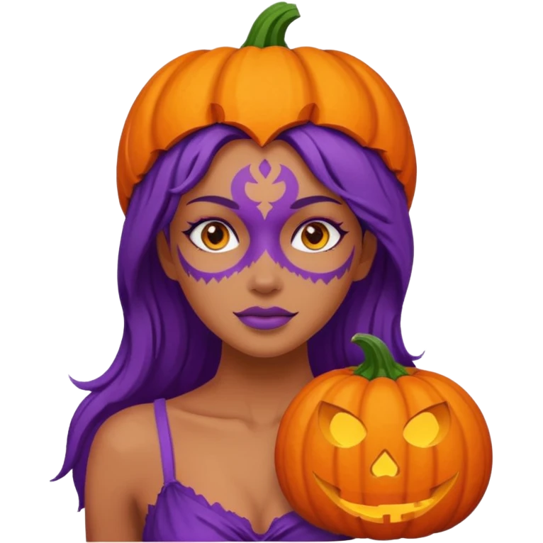 A naked woman with bare chest wears a carved pumpkin on its head with purple skin emoji