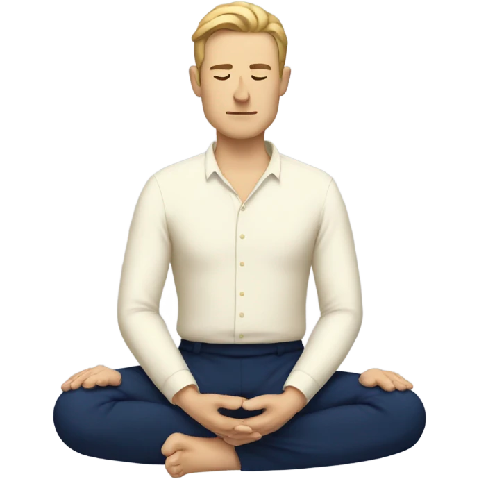european man meditating sitting down with cream shirt and navy blue pants.  emoji