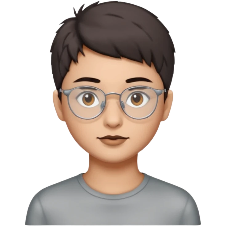 personagem com Wolf cut curto, cabelo castanho escuro, olho castanho escuro, sombrancelha castanho escuro, óculos sem aro prata. emoji