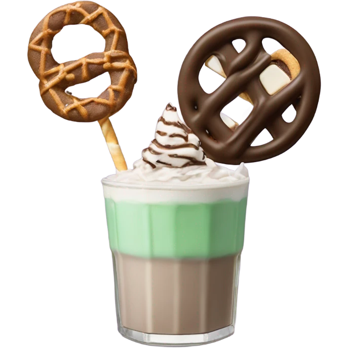 andes mint chocolate chip milkshake topped with a toasted marshmallow, chocolate covered pretzel, chocolate s’more, and a s’mores cookie emoji