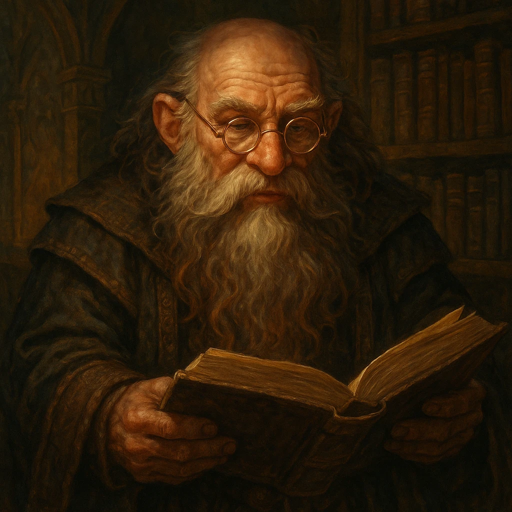 a wise dwarf with glasses and a book in a fantasy theme emoji