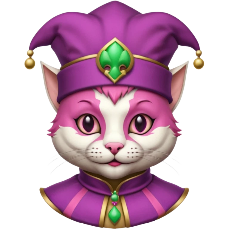 court jester cat medieval, single poker card joker clearly visible, pink, face only, round badge,  court jester cap emoji