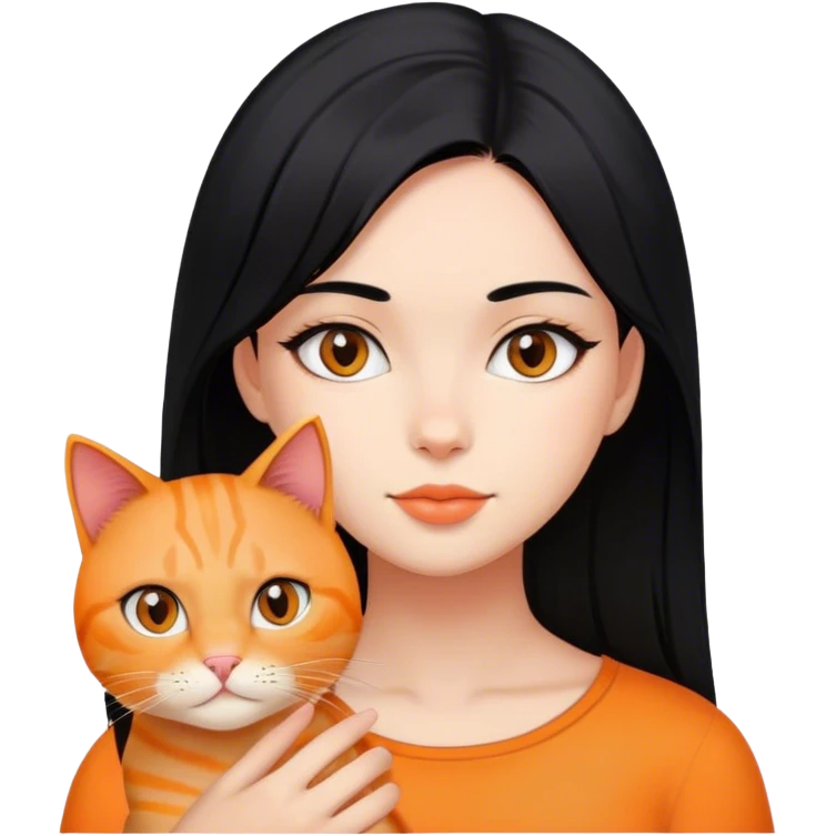 Chica de pelo lacio color negro con un gato naranja  emoji