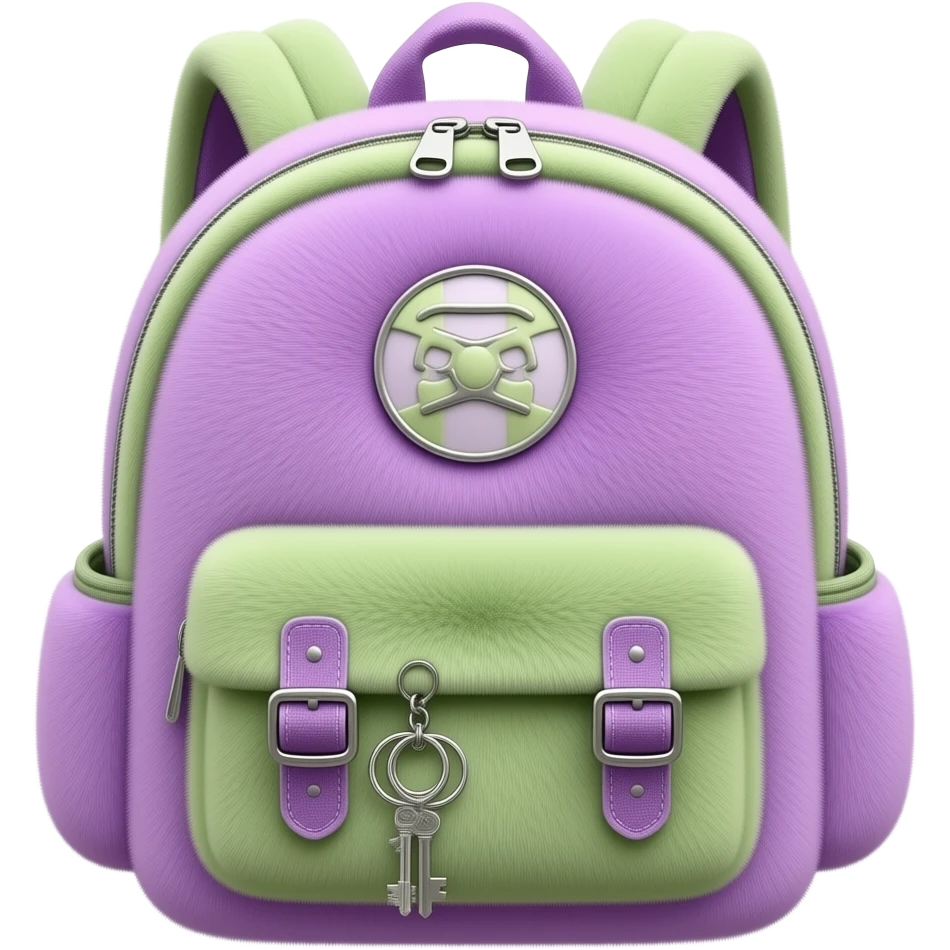 soft purple green school backpack Plush keychain frame, transparent background inspired by barbie colour pallete emoji