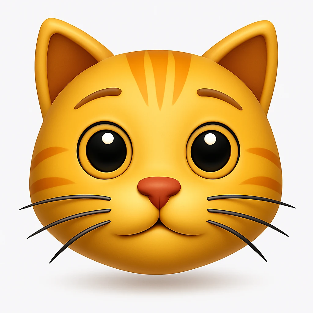 Remove the antenna thing on top of the cat's head. Keep the image exactly the same otherwise. Add a soft shadow under the face. The style is iOS emoji style, 3D, shiny, smooth gradients, soft shadows, realistic cat face, classic emoji look. emoji
