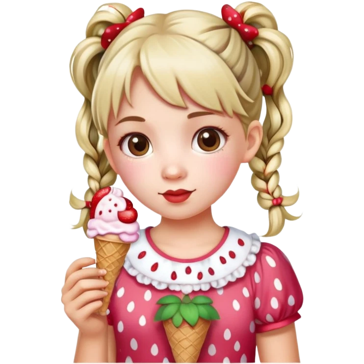 A cute girl with pigtails, wearing a strawberry-patterned top, holding an ice cream. emoji