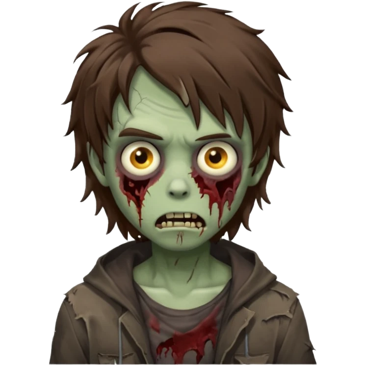 Boy, zombie, brown hair, medium long and wavy, emo, shaggy, dark, spooky, creepy expression emoji