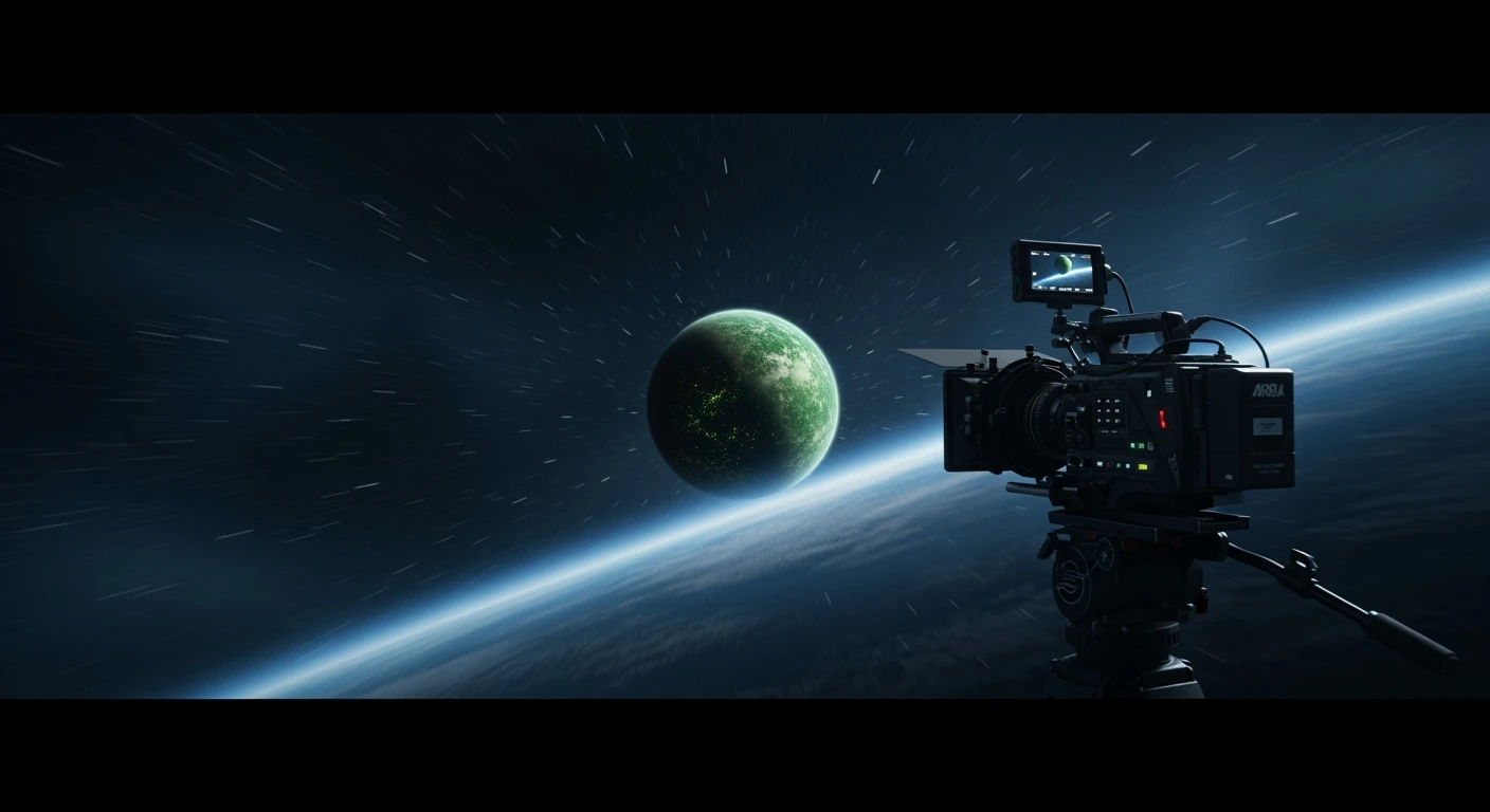 cinematic still, motion blur shutter speed, establishing shot in space showing green planet in distance, inspired by StarWars movie, captured by arri alexa  emoji
