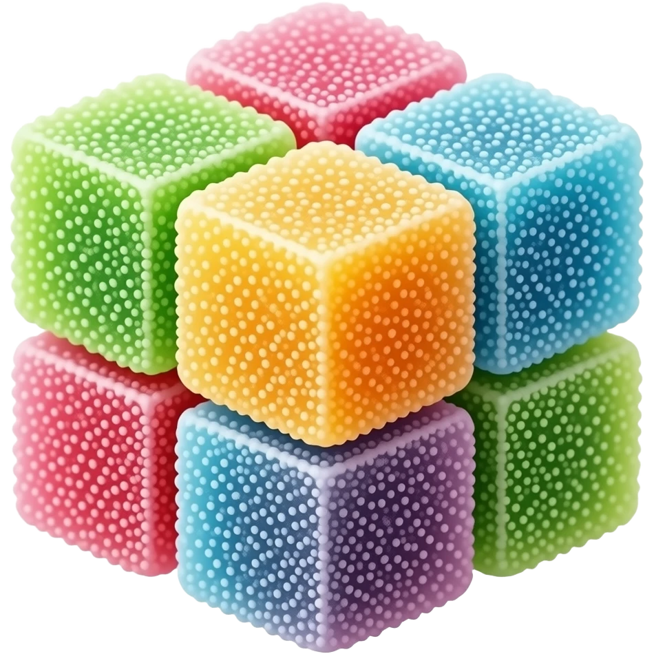 aesthetic gummy candy emoji, colorful cube jelly candies, sugar coated texture, minimal clean design, centered composition emoji