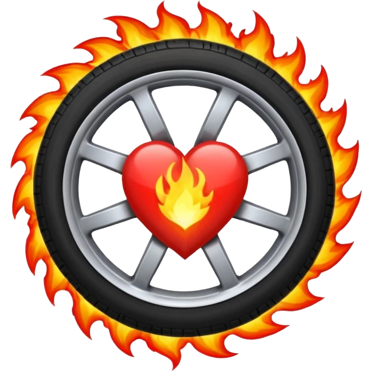 the car wheel is on fire, and in the center of the wheel there is a red fiery heart, high quality emoji