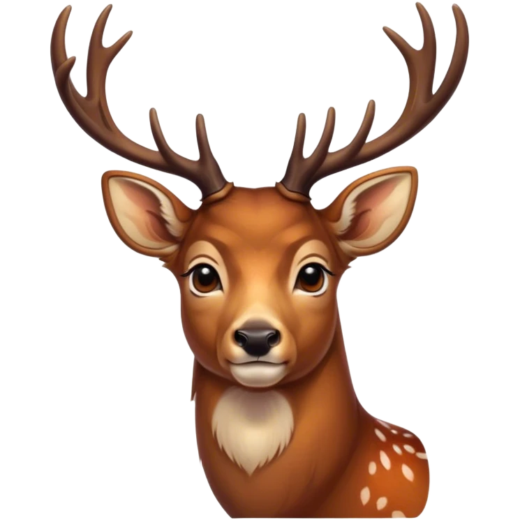 Cinematic Noble Deer Portrait Emoji, Poised and regal, with a graceful, slender build and a dappled coat of warm browns and creams, elegant antlers crowning its head, deep-set soulful gentle eyes, Simplified yet sharp and sophisticated features, highly detailed, glowing with a soft, dignified glow, high shine, intelligent and serene, stylized with an air of forest majesty, focused and attentive, soft glowing outline, capturing the essence of a watchful woodland guardian, so majestic it feels as though it could gracefully leap out of the screen with effortless authority! emoji