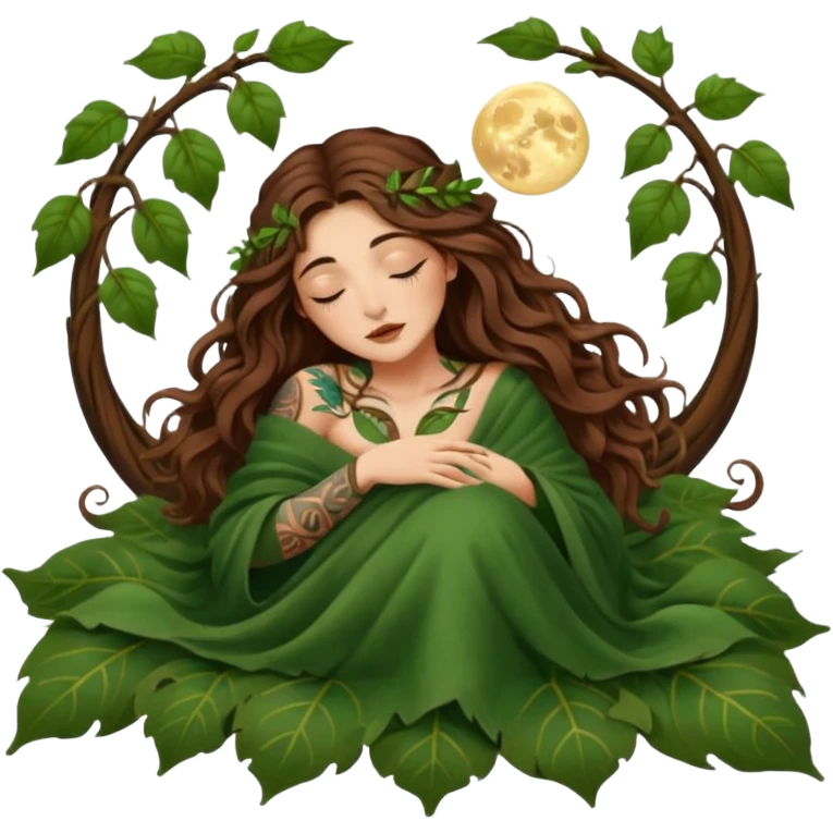sleepy moon druid woman long wavy brown hair tattoos in leaf blanket emoji