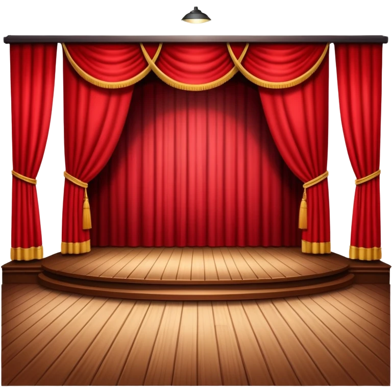 classic theatre stage with red curtains pulled to the sides, wooden floor, and spotlight focused at the center emoji