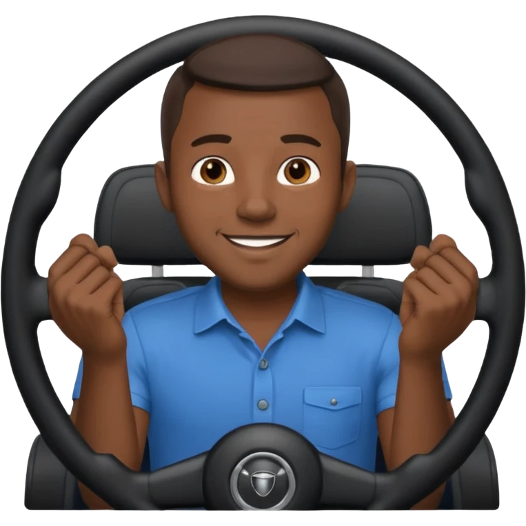 ["Black male driver, wearing a blue shirt, hands on steering wheel."] emoji